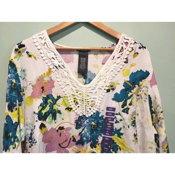 New Multicolor Floral Linen Blend V Neck 3/4 Sleeve Tunic Top Sz 2X - Picture 2 of 6